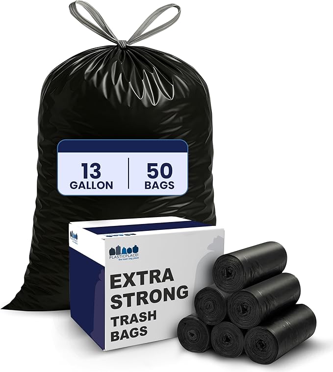 Plasticplace W13DSBKJR 13 Gallon Trash Bags │ 1.2 Mil │ (50 Count) Black Extra Tall Garbage Can Liners │ 24” x 31”
