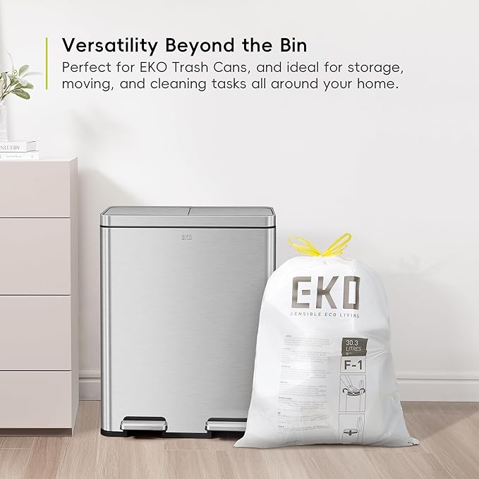 EKO 8 Gallon / 30.3 Liter,100 Count Drawstring Trash Bags, Extra-Strong Unscented Garbage Bags, Easy-Dispense Roll for Kitchen & Household Use, Resists Tears, Leaks and Punctures, Code F-1, White