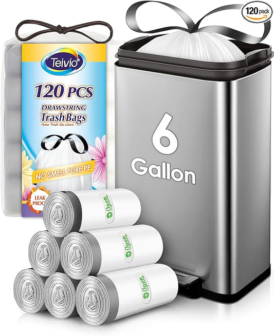 6 Gallon 120pcs Strong Drawstring Trash Bags Garbage Bags by Teivio, Bathroom Trash Can Bin Liners, Plastic Bags for home office kitchen, White
