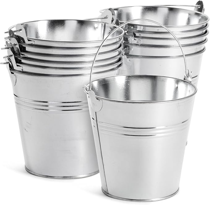 Juvale Galvanized Metal Buckets - 12 Pack, Silver, 4.7 in - Mini Metal Buckets with Handles for Party Decorations & Crafts