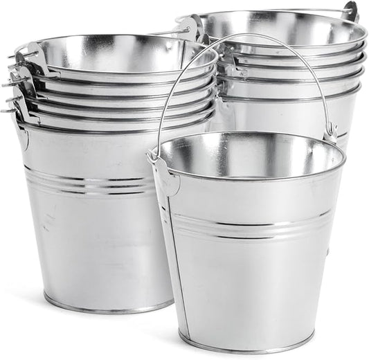 Juvale Galvanized Metal Buckets - 12 Pack, Silver, 4.7 in - Mini Metal Buckets with Handles for Party Decorations & Crafts