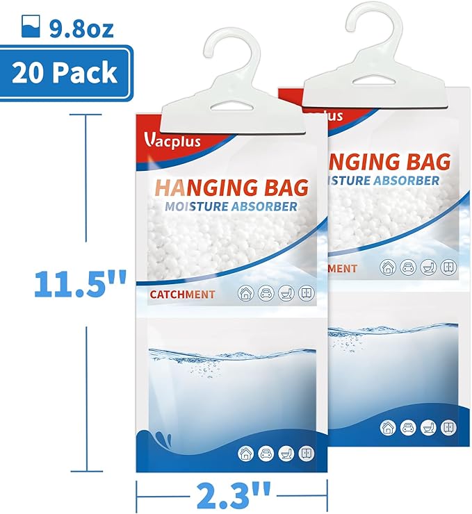 Vacplus Moisture Absorbers Packets, Fragrance Free 20 Pack, Humidity Packs, Dessicant Packets, Hanging Closet Dehumidifier Bags, Odor Eliminator for Bathroom 9.8OZ