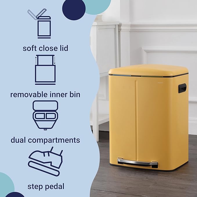 happimess HPM1005L Marco Rectangular 10.6-Gallon Double Bucket Trash Can with Soft-Close Lid, Daffodil Yellow for Home, Kitchen, Bathroom, Living Room, Office