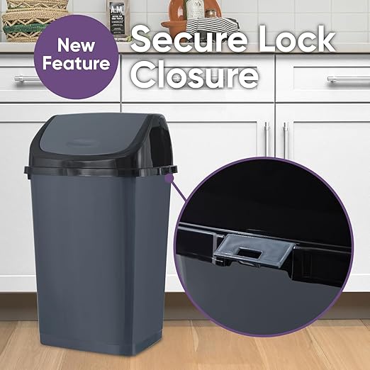Superio Kitchen Trash Can 13 Gallon with Swing Lid, Plastic Tall Garbage Can Outdoor and Indoor, Large 52 Qt Recycle Bin and Waste Basket for Home, Office, Garage, Patio, Restaraunt (Grey/Black)