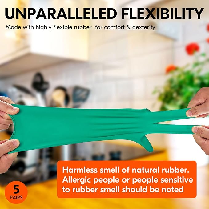 Vgo... 5-Pairs Reusable Household Gloves, Rubber Dishwashing gloves, Extra Thickness, Long Sleeves, Kitchen Cleaning, Working, Painting, Gardening, Pet Care (Size M, Green, HH4601)