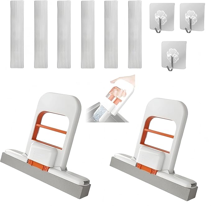 Mini Foldable Desktop Mop, Sponge Wet & Dry Mop, Portable Lazy Self-Squeeze, No Hand Wash for Bathroom, Kitchen, Desktop, Glass, Living Room, Car (2-Pack+6 Pads+3 Hooks)