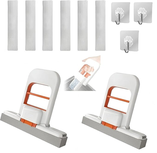 Mini Foldable Desktop Mop, Sponge Wet & Dry Mop, Portable Lazy Self-Squeeze, No Hand Wash for Bathroom, Kitchen, Desktop, Glass, Living Room, Car (2-Pack+6 Pads+3 Hooks)