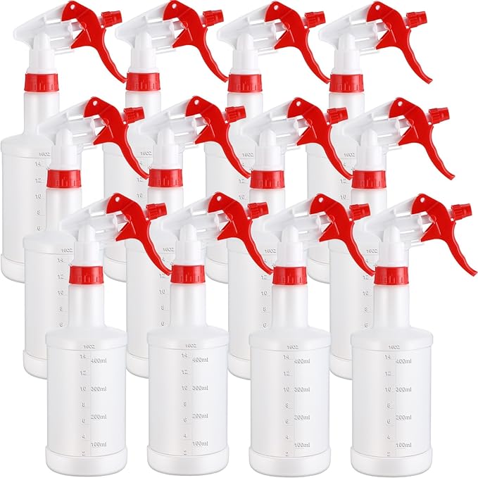 Eccliy 12 Pcs 16 Oz Plastic Spray Bottle, Adjustable Empty Reusable Sprayer for Cleaning, Planting, Water, Bathroom and Kitchen, BBQ, Commercial and Residential(Red & White,Measurement)