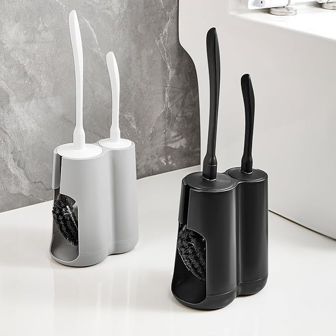 Toilet Brush & Pumice Stone Brush Combo, 2-in-1 Toilet Bowl Brush and Dual-Slot Holder Set, Curved Deep Cleaning Brush & Extended Handle, Compact Size Toilet Cleaner Brush Organizer