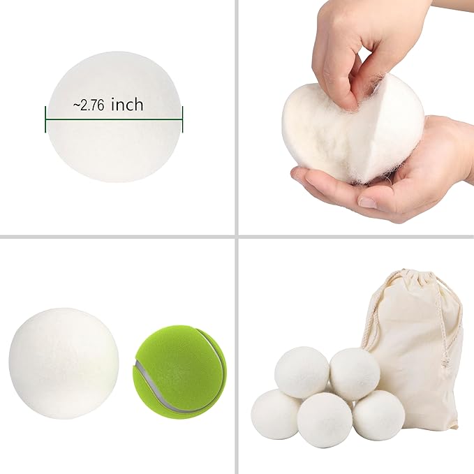 Wool Dryer Balls, Full-Size(Dia.~2.76 in), Reduces Drying Time, Reusable and Chemical-Free, Natural Fabric Softener, Sustainable Laundry Solution (6-Pack)