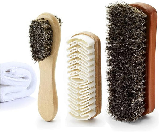 Variety Shoe Brush Kit - Double-Sided Shoe Polish Applicator & Horse Hair Brushes for Polishing - Nubuck & Suede Brush for Shoes, Soft Leather Cleaning with Microfiber Cloth