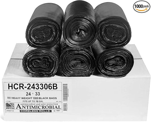 Aluf Plastics High Density Trash Bags, 16 Gallon, 1000 Count, 6 Micron (eq), 24" x 33", Black, for Bathroom, Office, Industrial, Commercial, Janitorial, Municipal, Recycling