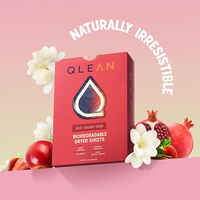 QLEAN Dryer Sheets | Natural Fabric Softener & Removes Static Cling | Vegan Laundry Softener | Soft, Fresh Laundry, Perfect for Clothes and Beddings - 120 Loads (Ruby Sunset Bliss)