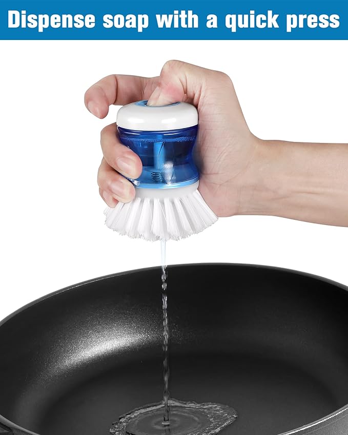 Dish Brush with Soap Dispenser for Dishes Pot Pan Kitchen Sink Scrubbing, White 2 Pack