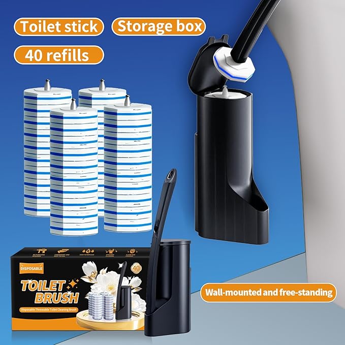 Disposable Toilet Brush - Toilet Bowl Cleaner, Toilet Cleaning Supplies, Toilet Brush with Holder, Toilet Bowl Cleaner Wands，40 Refills for Toilet Cleaning and Hygienic Bathroom Maintenance