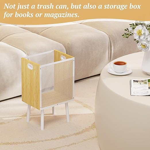 Small Trash Can Bamboo Waste Basket Garbage Can with Handles and Metal Mesh – Rectangular Wood Trash Can with Iron Frame & Legs, Cute Trash Bin for Living Room, Office, Bedroom, Bathroom, 4.5 Gallon