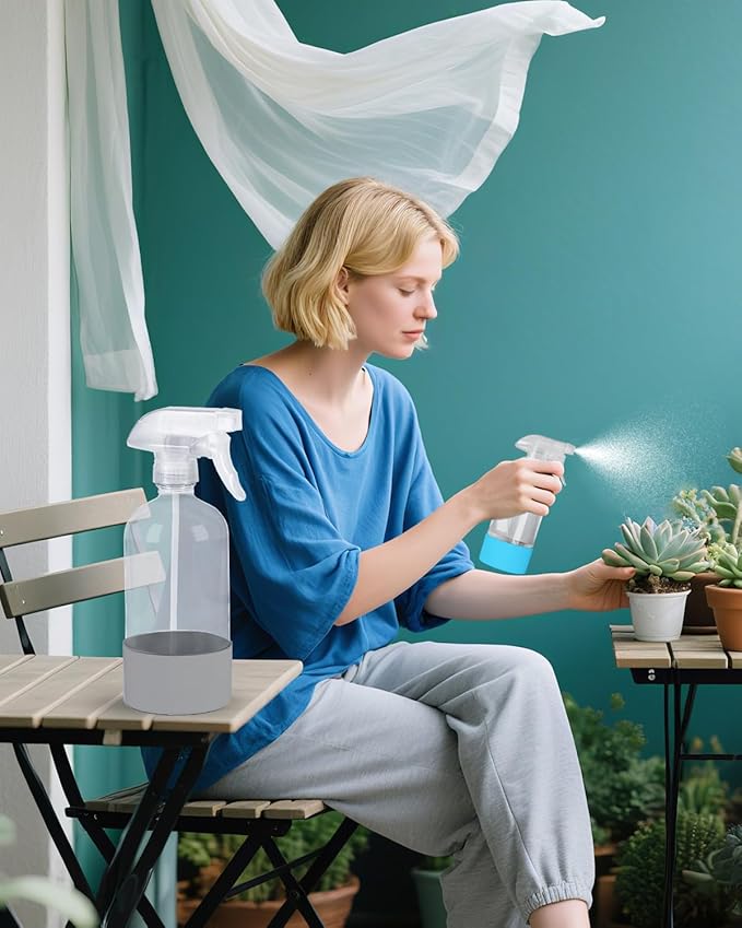 2 Pack 360° Glass Spray Bottles with Silicone Sleeve, 16 oz Empty Refillable Containers with Adjustable Spray Nozzles, Spray Bottles for Hair, Cleaning Solutions and Plants Grey&Blue