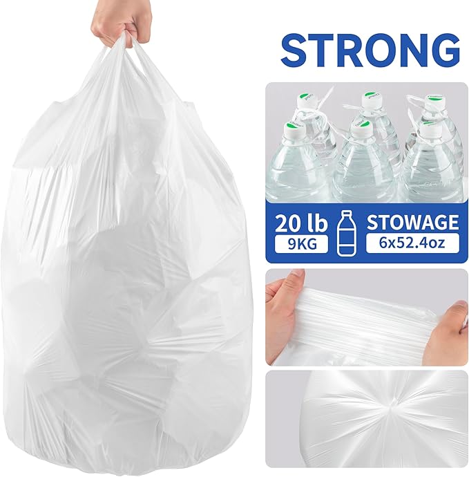 Small Trash Bags with Handles 8 Gallon 160 Count White - Ocean Plastic Upcycling - Plastic Garbage Bags, Can Bin & Waste Basket Liner for Kitchen, Bathroom, Office and Pets