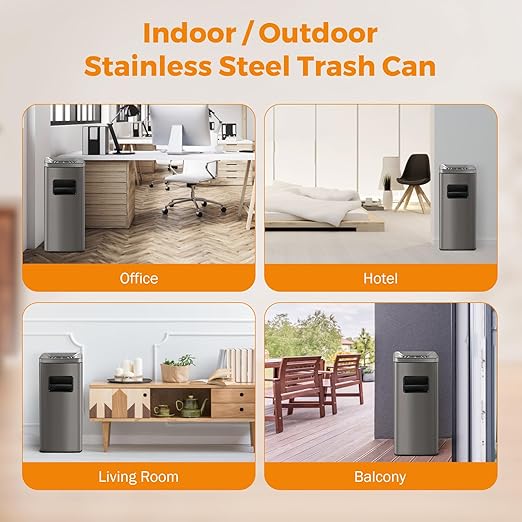 BEAMNOVA Trash Can Indoor Outdoor Stainless Steel Commercial Garbage Can Brushed Industrial Garbage Enclosure Inside Cabinet with Lid Waste Container, Metallic Black, 11.8 * 9.8 * 26.8 in