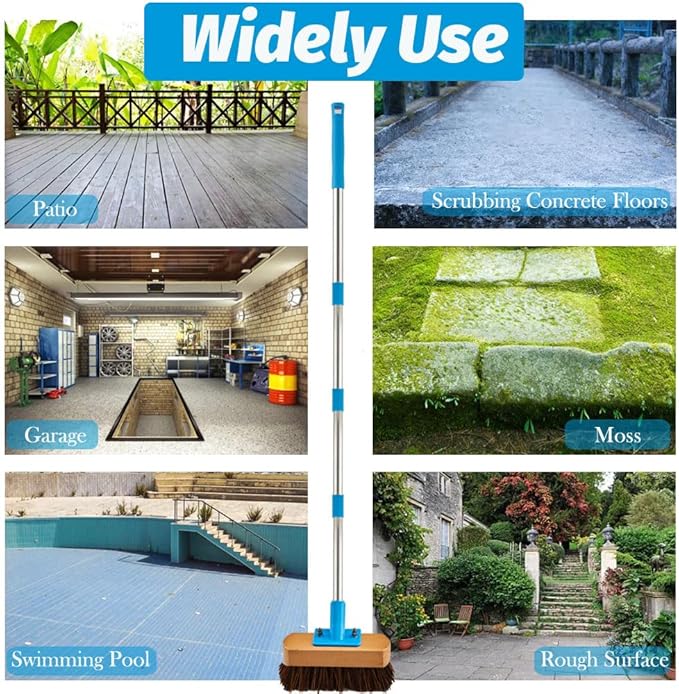 YONILL Heavy Duty Deck Brush with Long Handle - 60" Floor Scrub Brush with Stiff Natural Palmyra Bristles, Outdoor Scrubber Brushes for Cleaning Rough Surface, Concrete Floor, Patio, Garden, Sidewalk