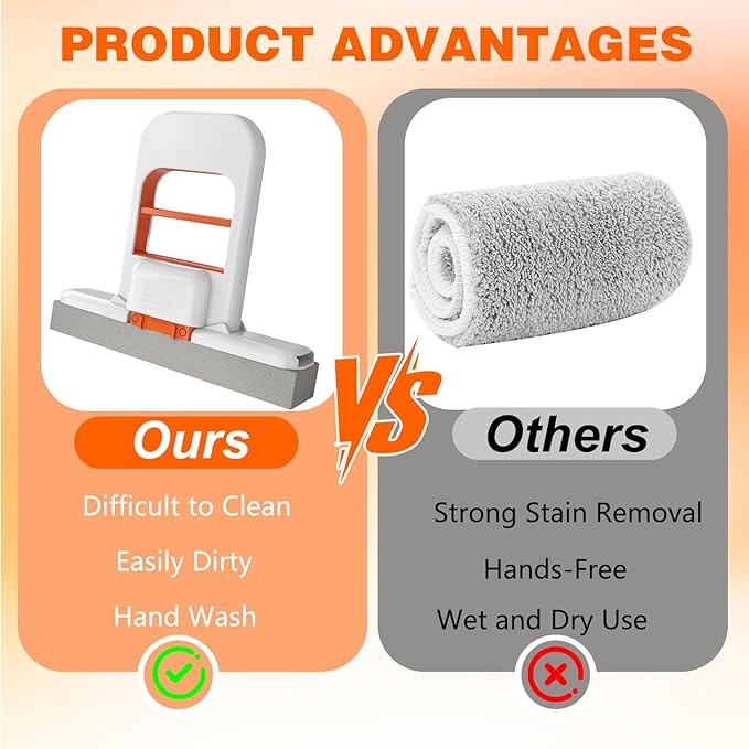 Mini Folding Table Mop, 2025 Portable Cleaning Sponge Mop for Bathroom, Kitchen, Countertops, Glass, Tile - Wet and Dry Use, Deep Grooved, One-Hand Squeeze Handle, Replaceable Mop Head