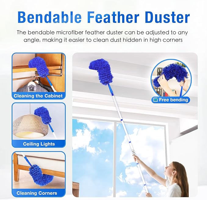 Ceiling Fan Cleaner Duster with 72" Extension Pole & 4 Reusable Pads, High Ceiling Fan Blade Cleaning Tool, Flexible Microfiber Duster for Baseboard,Blinds,Cobwebs,Floor, -Lightweight & Washable