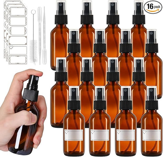 60ml Glass Spray Bottles with Fine Mist Sprayer 16Pack, Small Amber Glass Spray Bottles 2 oz for Perfumes,Cleaning Products,Pet Spray (2fl.oz, Set of 16)