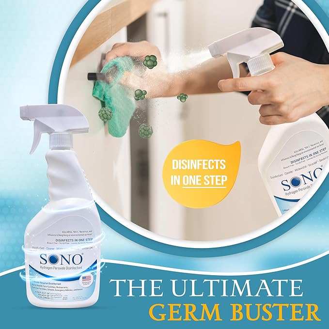 SONO Disinfecting Spray and Stain Remover - Hydrogen Peroxide Solution | Multi-Surface Cleaner for Kitchen and Bathroom | Spring Season Travel Essential | 3 Pack of 32 fl oz Bottle