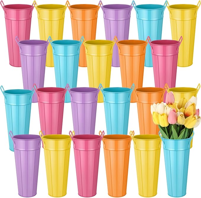 Lallisa 24 Pcs Metal Vases 9 Inch Galvanized French Farmhouse Flower Buckets with Handles and Hemp Rope, Vintage Style Flower Containers for Country Wedding Party Table Centerpiece Decor (Colorful)