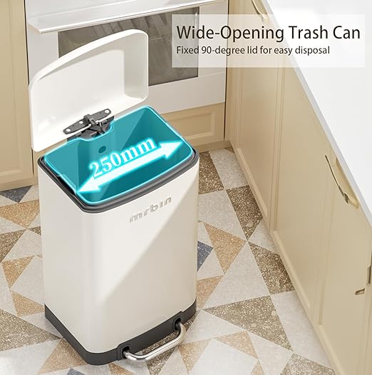 MRBIN Bathroom Trash Can with Lid, Metal Step Small Kitchen Waste Basket Touchless Soft Close, 12L / 3.2gal Rectangle Garbage Bucket with Stainless Steel Pedal for Office, Bedroom Accessories, White