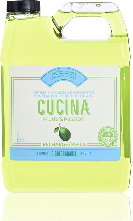 Fruits & Passion Cucina Concentrated Dish Soap Refill, Lime Zest & Cypress Tree, Gentle Liquid Dishwashing Detergent with Olive Oil, Vegan & Eco-Friendly Formula, 1 Liter (33.8 fl oz)