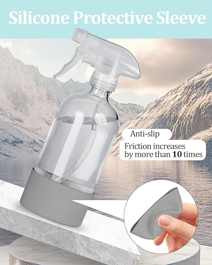 2 Pack 360° Glass Spray Bottles with Silicone Sleeve, 16 oz Empty Refillable Containers with Adjustable Spray Nozzles, Spray Bottles for Hair, Cleaning Solutions and Plants Grey