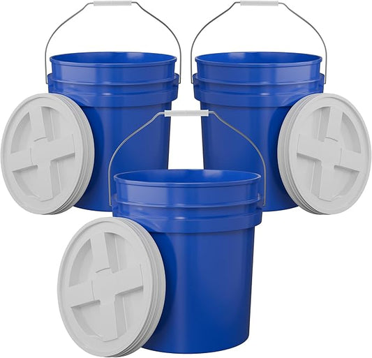 5-Gallon Dark Blue Bucket Pail with Gamma Seal Screw on Airtight Lid, Metal Handles with Plastic Grip for Easy Carrying, Stack and Store, Heavy-Duty 90MIL Extra Durable, Food Grade, BPA Free - 3 Pack