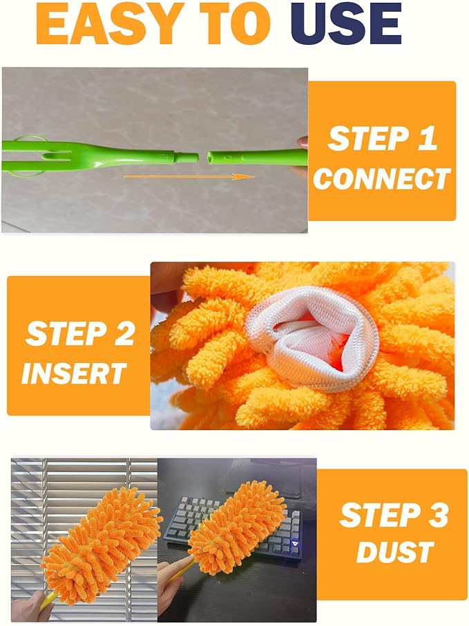 Duster Refill for Swiffer Duster, Reusable Duster Refill Compatible with Swiffer Hand Duster, 360° Heavy Duty Washable Microfiber Dusters for Cleaning, 6 Pack & 1 Handle, Orange