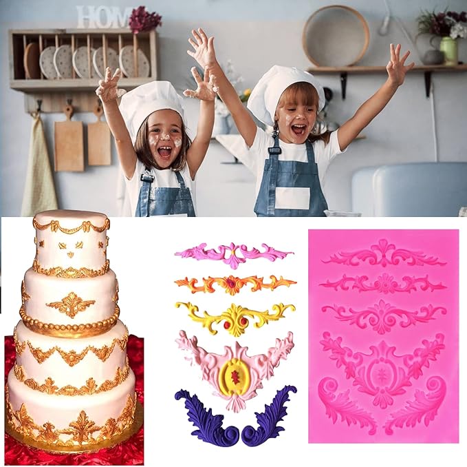 7Pcs Baroque Style Curlicues Scroll Lace Silicone Fondant Molds, Relief Flower Mould Filigree Mold 3D Sculpted for Candy Gummy Decoration Cupcake Topper Jewelry Polymer Clay Crafting Projects