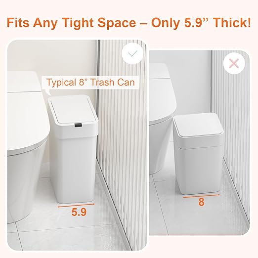 9L/2.4Gal Touchless Bathroom Trash Can, 0.2s Motion Sensor Auto-Close, IPX5 Waterproof Slim Design for Kitchen/Office, Silent & Space-Saving