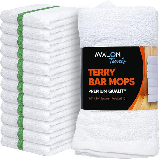 Avalon Towels Terry Bar Mop Towels (Value Pack of 12) Size 16"x19" – Absorbent and Durable, Multipurpose Cleaning Rags, Cotton Cleaning Cloths, Terry Cloth Rags, Reusable Shop Rag