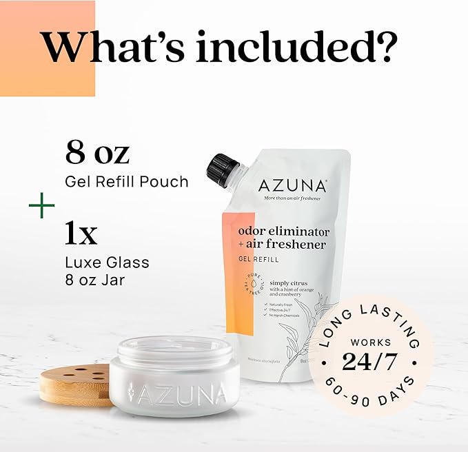Azuna Air Freshener & Odor Eliminator for Strong Odor | 1 Room Kit Includes (1) Empty Luxe Glass Jar & 8oz Refill with Tea Tree Essential Oil Gel | Simply Citrus | Last 60-90 Days