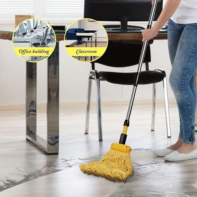 Masthome Industrial Mop, Commercial Mop for Floor Cleaning Heavy Duty, Cotton Mops Looped-End String Wet Mops with 2 MopHeads for Home, Garage, Office Floor Cleaning (Yellow-Blue)