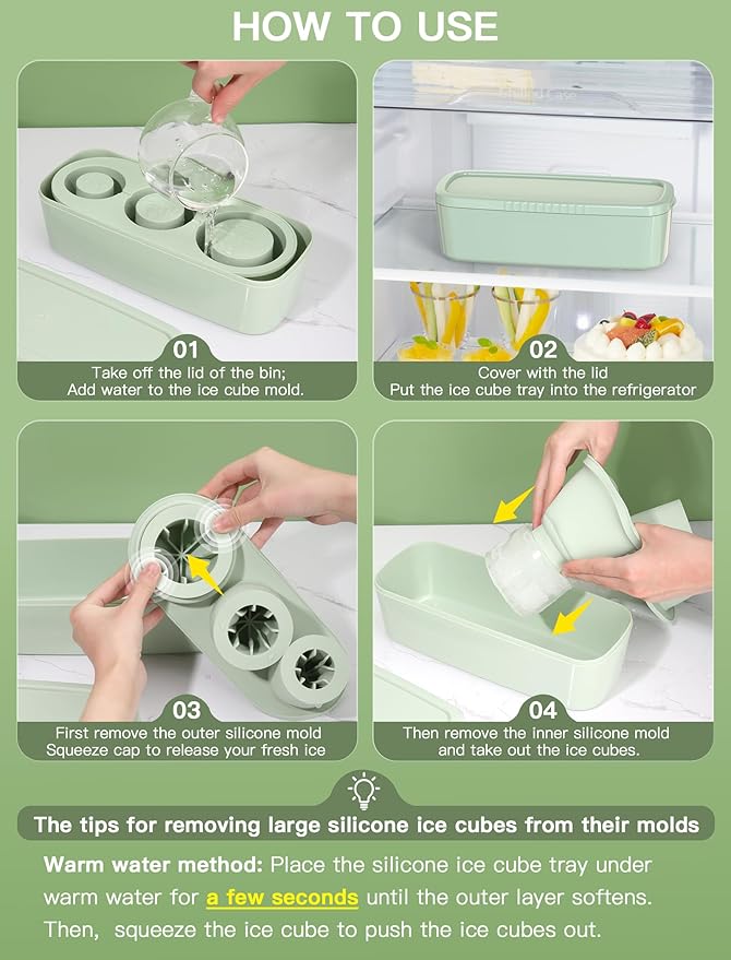 Ice Cube Tray for Tumbler Cup 30Oz-40Oz, 3 Pcs Silicone Cylinder Ice Mold with Lid and Bin for Freezer, Easy Fill and Release Ice Maker for Whiskey, Cocktail BPA-Free