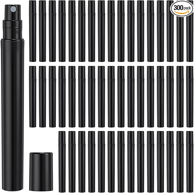 Tanlade 300 Pcs 5ml Mini Spray Bottles Black Plastic Perfume Atomizer Sprayer Bottles Portable Perfume Travel Refillable Bottle for Travel Pocket Dispenser Container