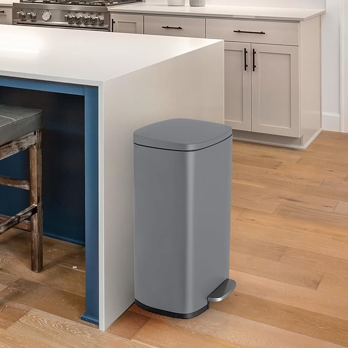 8 Gal Kitchen Trash Can, 30L Recycling or Garbage Bin, Brushed Stainless Steel Waste Basket, Soft&Quiet Close Dustbin, with Step-On Pedal, Removable Inner Bucket, for Home, Office, Living Room
