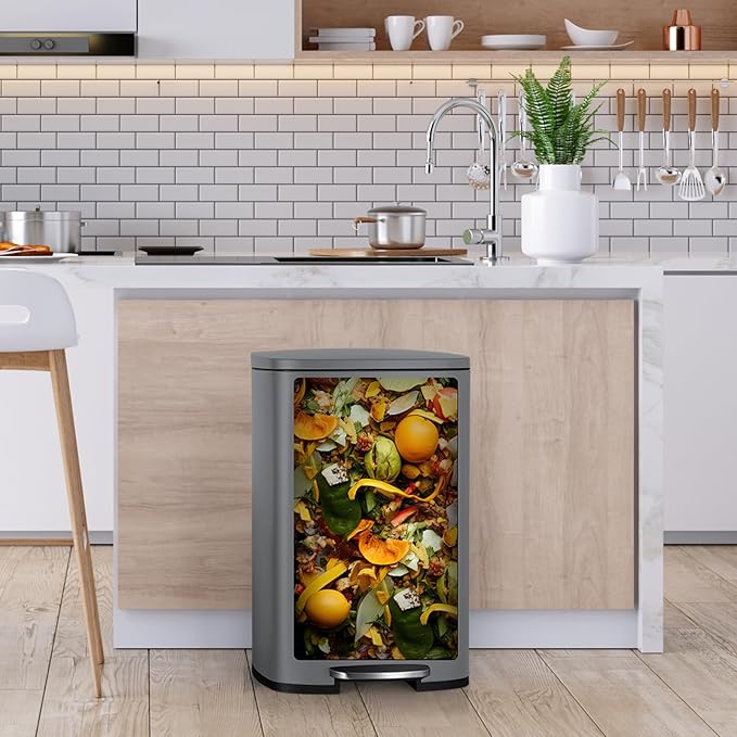 8 Gal Kitchen Trash Can, 30L Recycling or Garbage Bin, Brushed Stainless Steel Waste Basket, Soft&Quiet Close Dustbin, with Step-On Pedal, Removable Inner Bucket, for Home, Office, Living Room