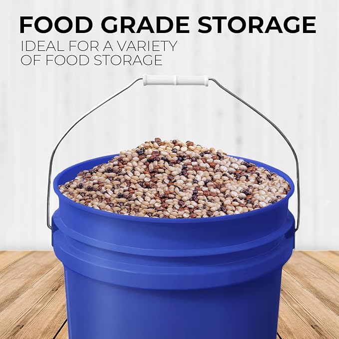 5-Gallon Blue Bucket Pail with Gamma Seal Screw on Airtight Lid, Metal Handles with Plastic Grip for Easy Carrying, Easy Stack and Store, Heavy-Duty 90MIL Extra Durable, Food Grade, BPA Free - 5 Pack