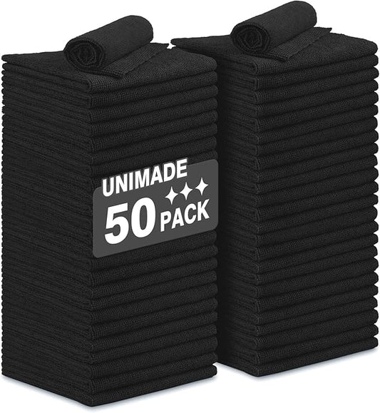 Microfiber Cleaning Cloth, 50 Pack Microfiber Towels for Cars Reusable Shop Rags Bulk Lint Free Cleaning Towels for Car Kitchen Automotive Bar Mechanic Restaurant Garage, 11.5"x 11.5", Black
