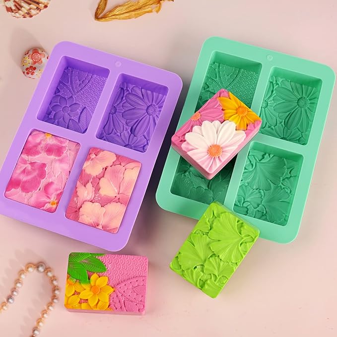 HUAKENER 2 Pack Silicone Soap Molds, Rectangle Soap Making Mold, 3D Rectangular Flower Pattern Silicone Molds for Handmade Soap, Bath Bombs, Candle, Chocolate