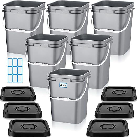 Vesici 6 Pcs 5 Gallon Food Grade Square Buckets with Lids 5 Gal Plastic Food Storage Square Bucket Heavy Duty Industrial Pail Container with DIY Label Stickers Handles for Water Painting(Gray)