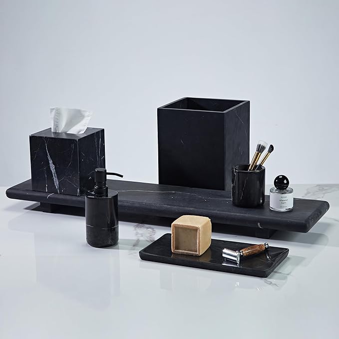 Black Marble Trash Can for Bathroom, Minimalist Theme Chic Wastebasket,Luxurious Design Rubbish Bin, Elegant Black Marble Waste Basket for Bathroom, Bedroom, Living Room