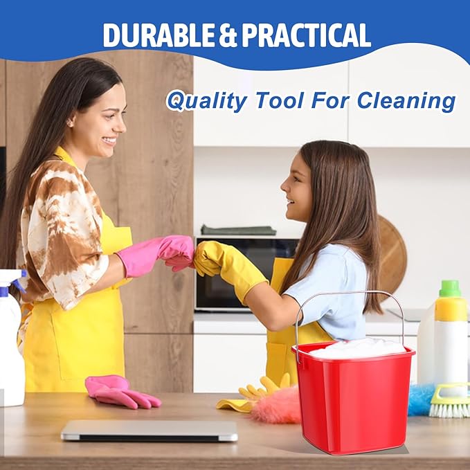 6 Pcs 3 Quart Cleaning Bucket Small Cleaning Square Bucket Detergent Pail, Plastic Utility Sanitizer Buckets for Home Commercial Restaurant Kitchen Office School (Red)