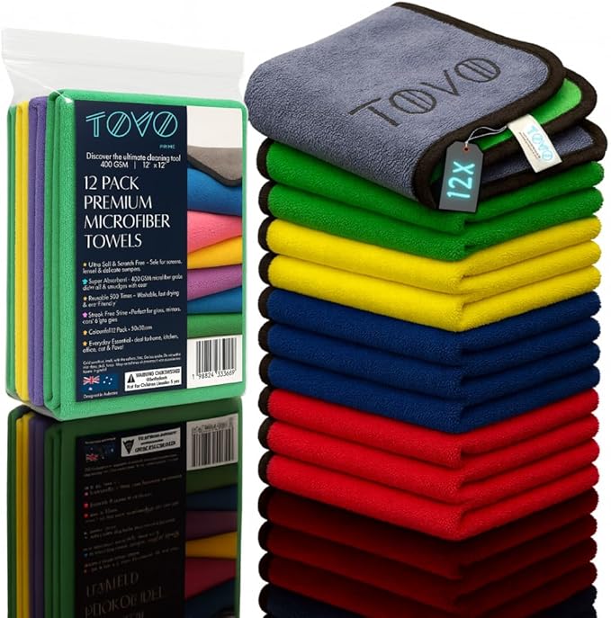 Microfiber Kitchen Towels | 12"x12" Kitchen Cloths | Australian Designed |12 Pack 400 GSM Cleaning Cloths | Cleaning Towels | Ultra-Soft, Scratch-Free, Reusable, Super Absorbent | Car & Household